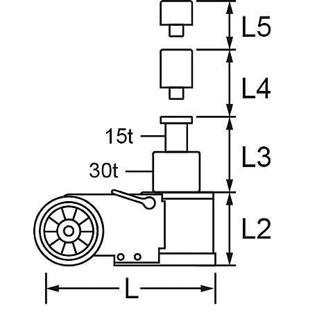 Seitenansicht einer Hebebühne mit Maßangaben und Texten. Es sind die Angaben 15t und 30t angegeben.